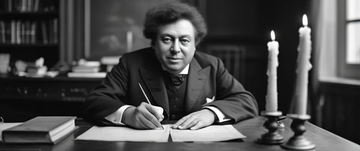 Alexandre Dumas walking through the countryside of Paris, France, reflecting a philosophical thinker and critical of social norms spirit.
