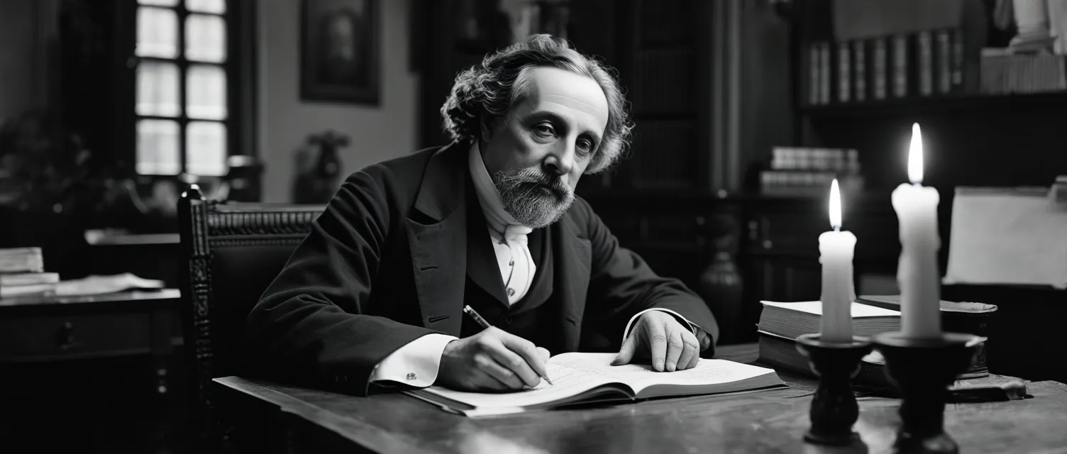 Charles Dickens walking through the countryside of London, United Kingdom, reflecting a philosophical thinker and critical of social norms spirit.