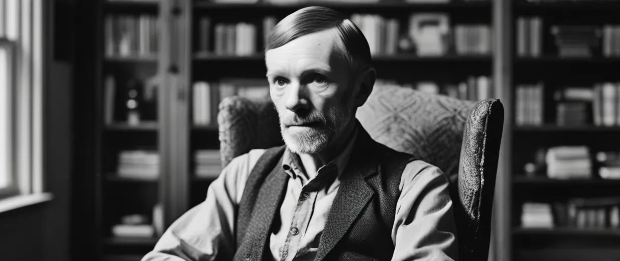 D H Lawrence walking through the countryside of Eastwood, Nottinghamshire, United Kingdom, reflecting a philosophical thinker and critical of social norms spirit.