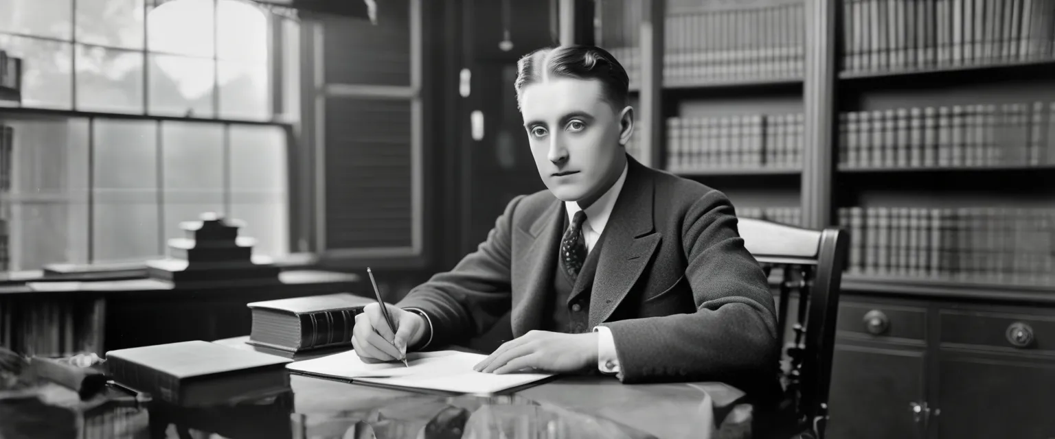 F. Scott Fitzgerald walking through the countryside of Saint Paul, Minnesota, USA, reflecting a focused on internal moral evolution and critical of social norms spirit.