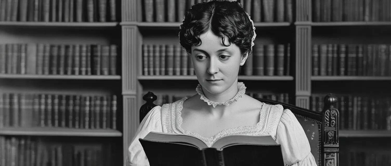Jane Austen walking through the countryside of Steventon, Hampshire, United Kingdom, reflecting a philosophical thinker and critical of social norms spirit.