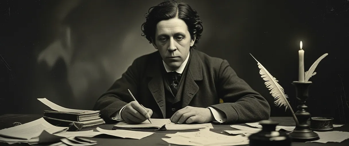 Lewis Carroll walking through the countryside of Oxford, United Kingdom, reflecting a philosophical thinker and critical of social norms spirit.
