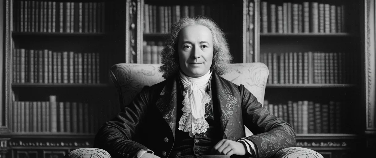Voltaire walking through the countryside of Paris, France, reflecting a philosophical thinker and critical of class structures spirit.