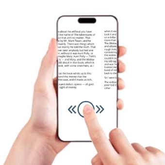 A smartphone being held in one hand, with a finger swiping on the screen to change pages of a book