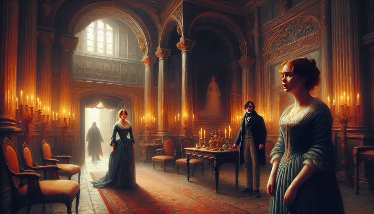 Illustration of Jane Eyre during the climax of Jane Eyre, from the scene 'Revelation of Bertha Mason'