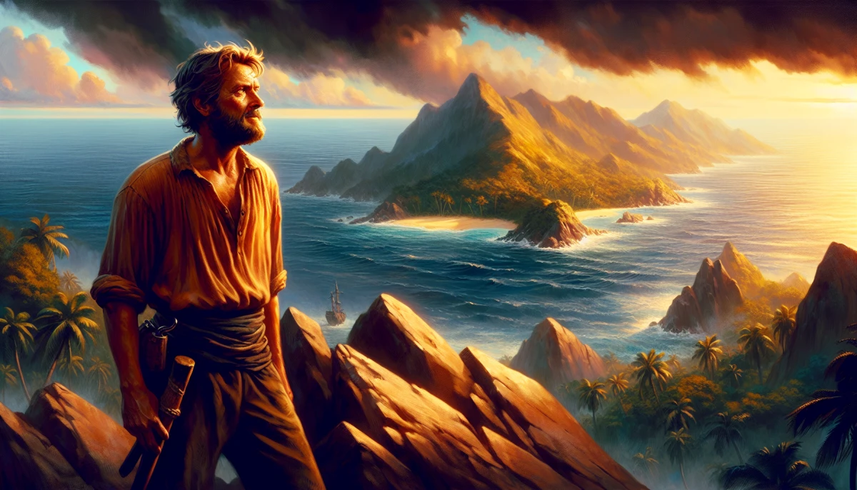 Illustration of Robinson Crusoe during the climax of Robinson Crusoe, from the scene ''