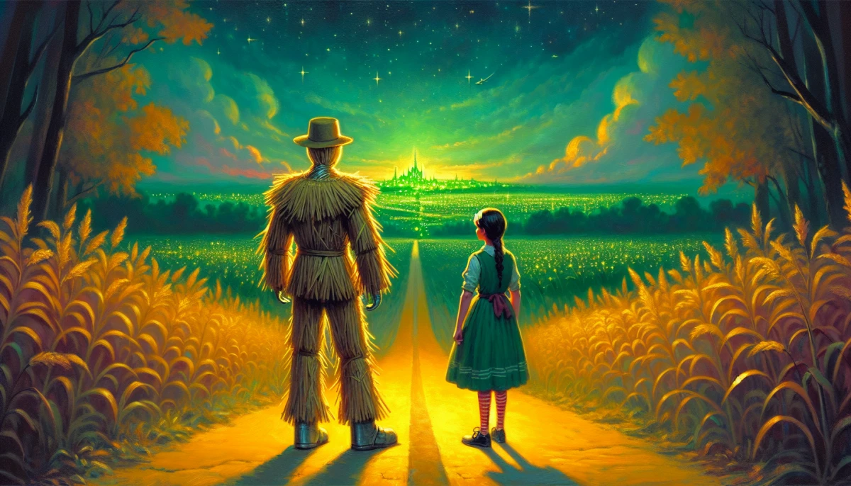 Illustration of Dorothy Gale during the climax of The Wizard of Oz, from the scene 'Encountering the Wicked Witch of the West'