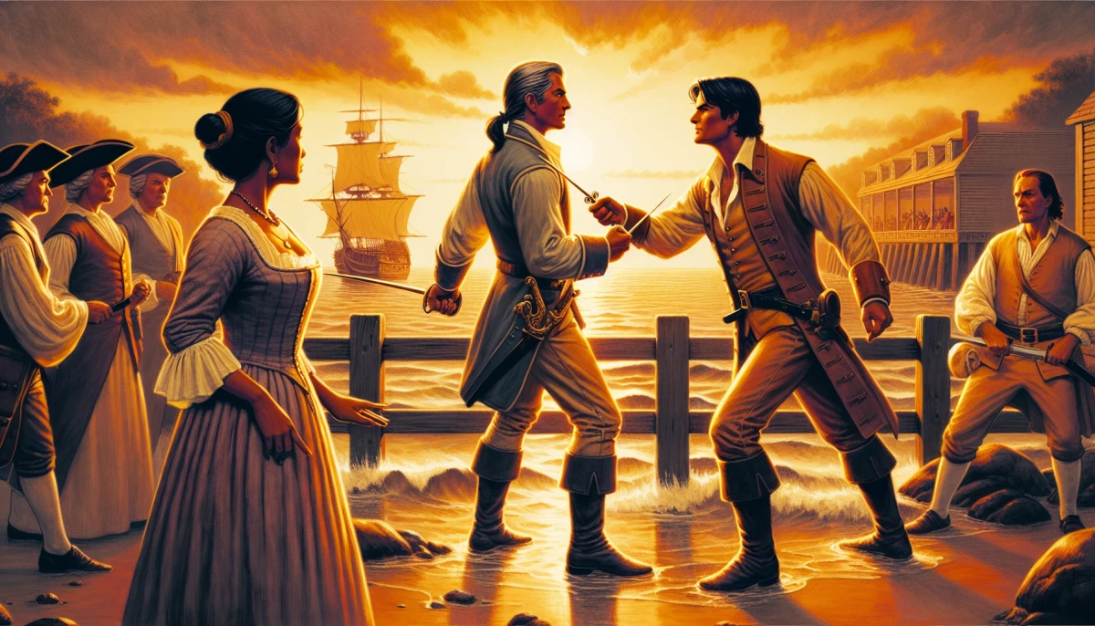 Illustration of Captain Ralph Percy during the climax of To Have & To Hold, from the scene 'Percy’s Duel with Carnal'